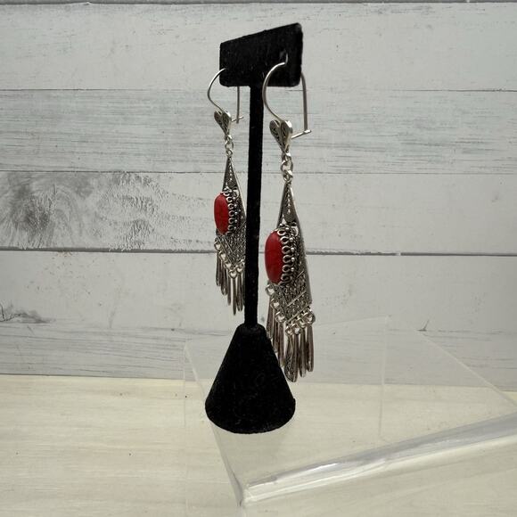 DGS Turkey 925 Sterling Silver Filigree Carnelian Dangle Earrings 16.4 grams - Picture 6 of 13